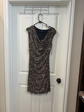 Ronni Nicole Zebra-Print Cowl Neck Midi Dress - Black & Tan